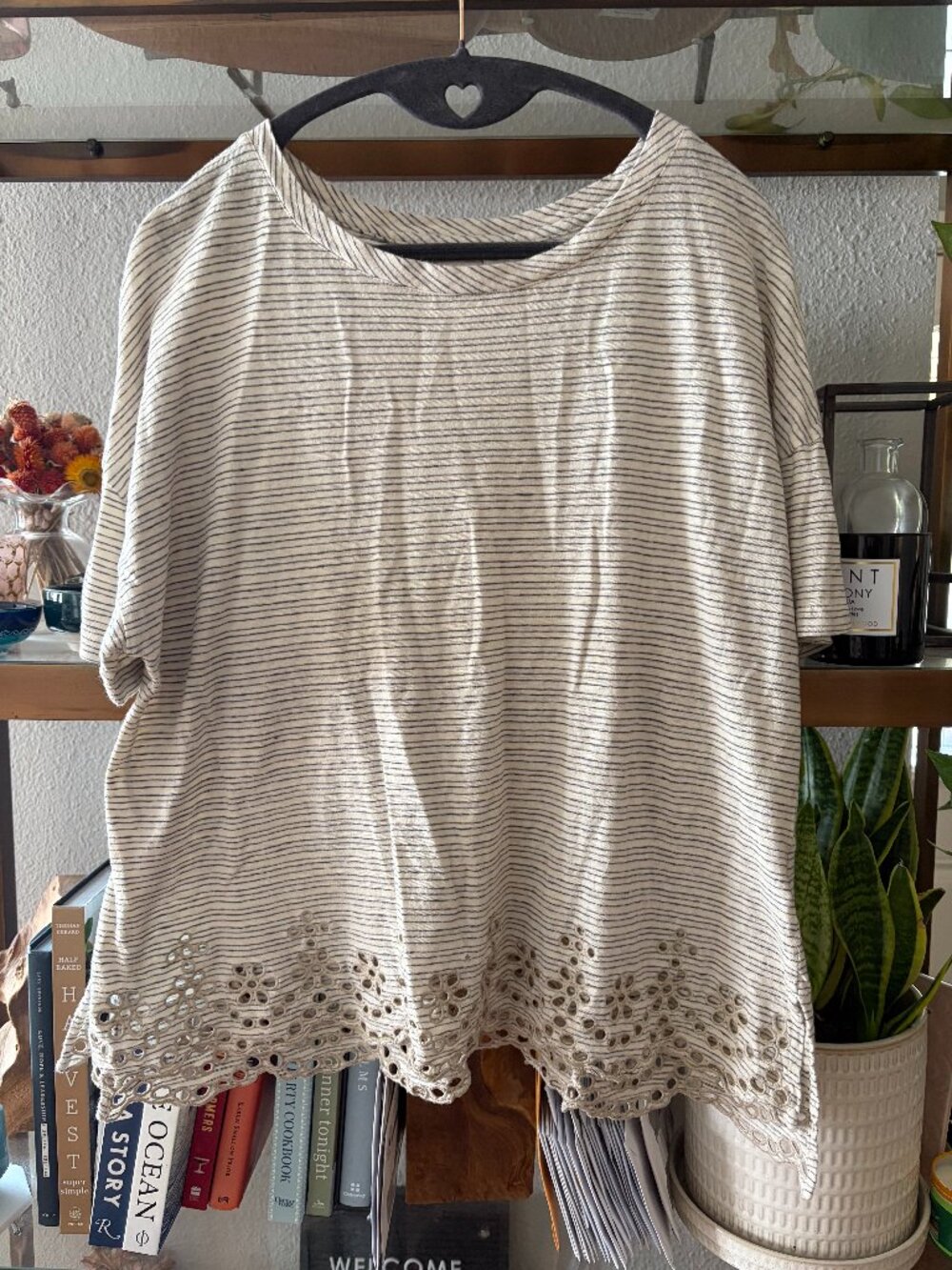 Anthropologie Casual Cream & Navy Striped Eyelet Hem Top